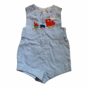 Baby Togs Infant Shortalls Romper Blue White Striped Embroidered Vintage 1980s
